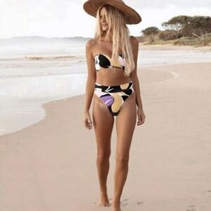 New Black Colorful Bandeau Top High Waist Bikini Set Swimsuit Size M